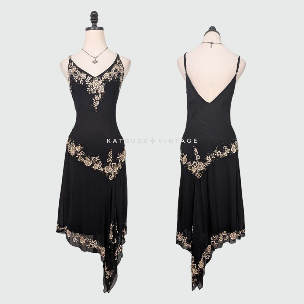 Vintage Cache Silk Midi Dress 6 Slip Floral Embroidered 90S Y2K Black Tan Brown
